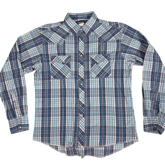 Wrangler Mens Blue Plaid Western Shirt Long Sleeve Pearl Snap Front L/G - Picture 2 of 8